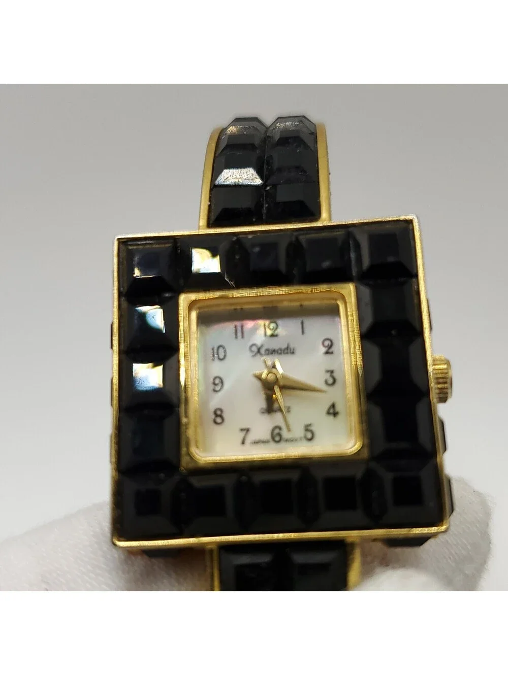 Xanadu Black Gem Gold Tone Cuff Band Womens Watch 23mm MOP Dial New Battery